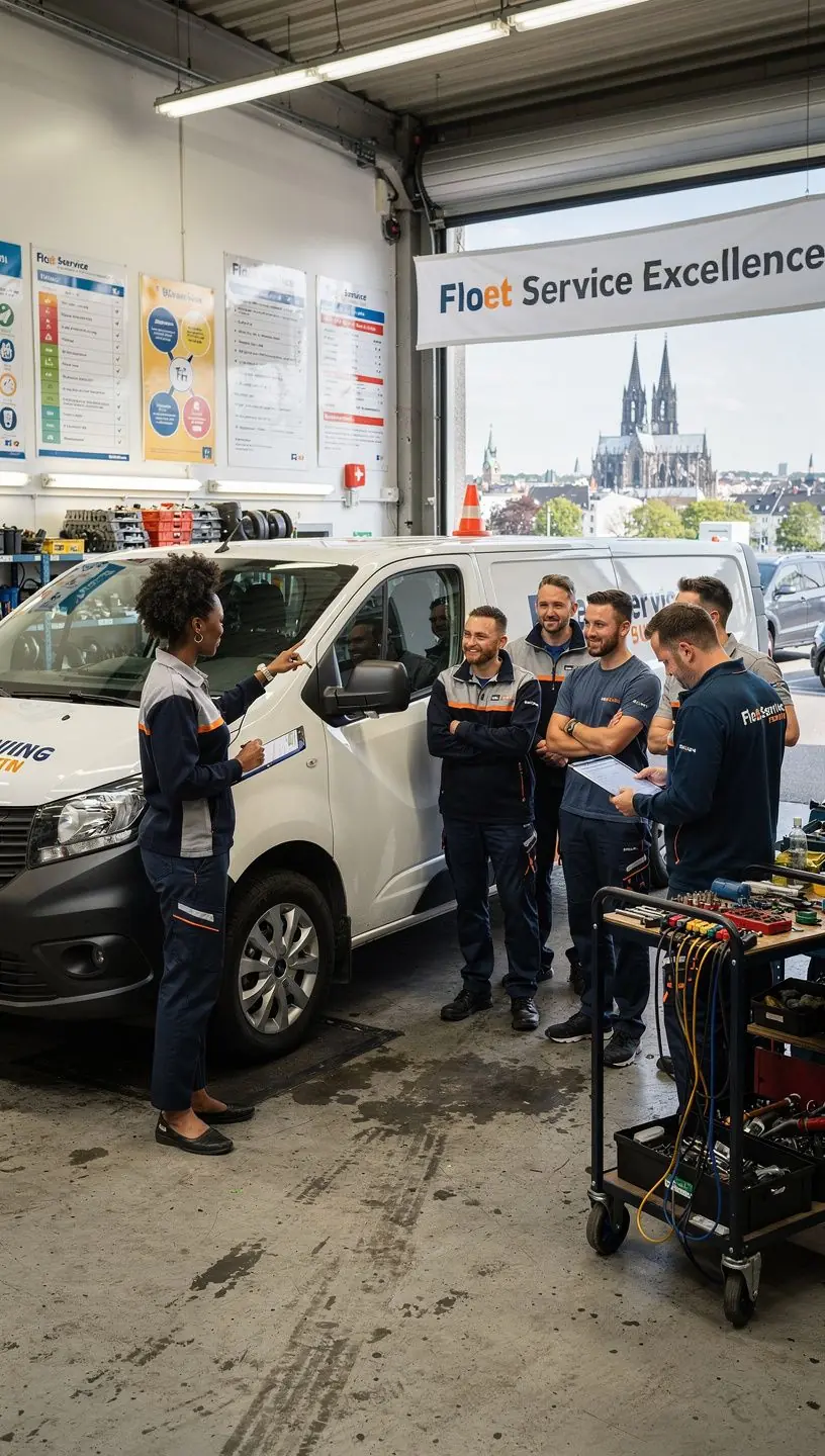 Flottenmanager bespricht Wartungspläne mit Servicetechnikern in einem professionellen Servicehub.